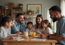 Quatre adultes de différentes ethnies autour d'une table illustrant la parentalite diverse