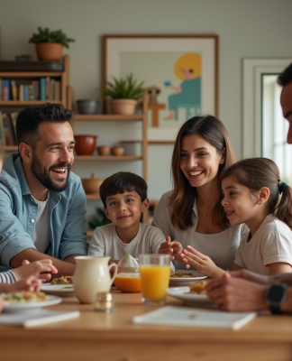 Quatre adultes de différentes ethnies autour d'une table illustrant la parentalite diverse