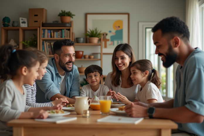 Quatre adultes de différentes ethnies autour d'une table illustrant la parentalite diverse