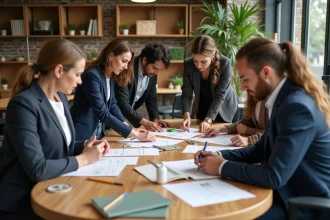 Groupe de professionnels autour d'une table en recyclage