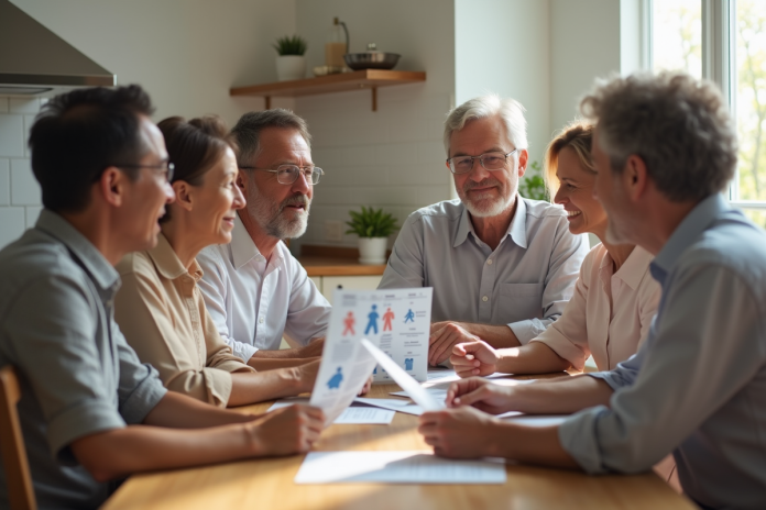 groupe-soutien-diabetes-kitchen Groupe diversifié discutant autour d'une table de cuisine pour le diabete