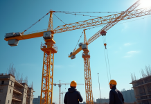 Grue jaune sur un chantier en plein jour avec ouvriers