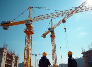 Comment choisir une grue de chantier d’occasion pour vos projets Grue jaune sur un chantier en plein jour avec ouvriers