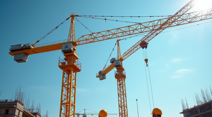 Grue jaune sur un chantier en plein jour avec ouvriers