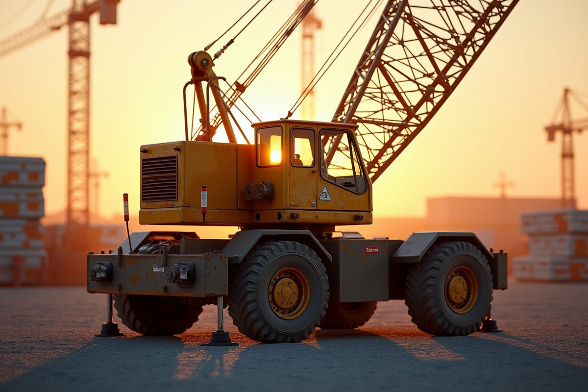 Grue d occasion dans une cour industrielle au coucher du soleil