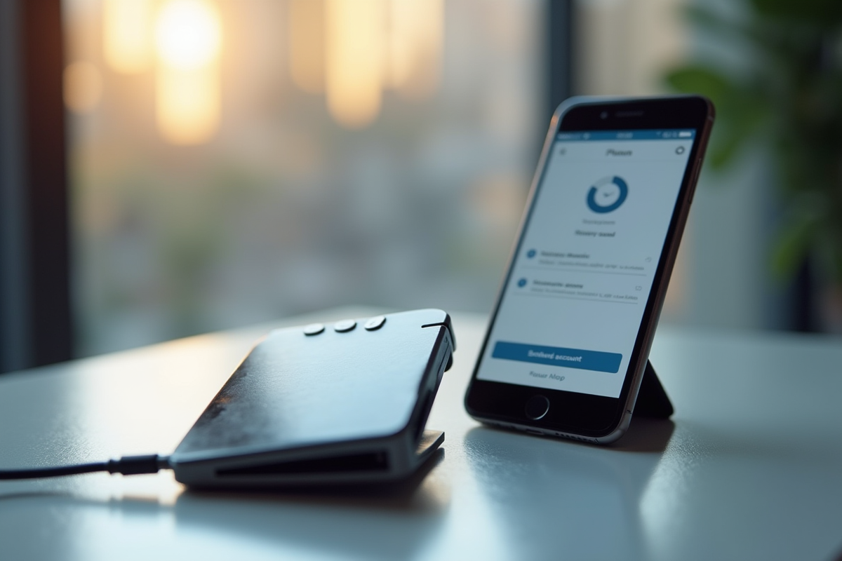 Portefeuille matériel connecté à un smartphone en récupération