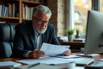 Homme d'affaires examinant des documents financiers dans un bureau
