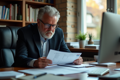 Homme d'affaires examinant des documents financiers dans un bureau