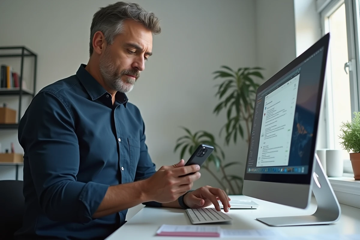 Homme consultant une application bancaire sur smartphone dans un bureau à domicile pour préparer un litige de remboursement Clevya