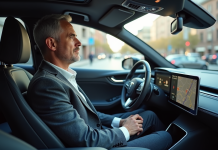 Homme d'âge moyen dans une voiture autonome moderne