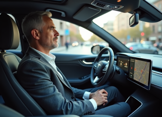 Voitures autonomes : quelle révolution pour la circulation routière ? Homme d'âge moyen dans une voiture autonome moderne