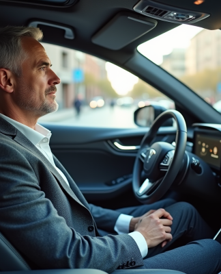 Homme d'âge moyen dans une voiture autonome moderne