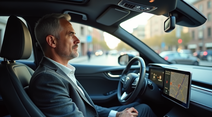 Homme d'âge moyen dans une voiture autonome moderne