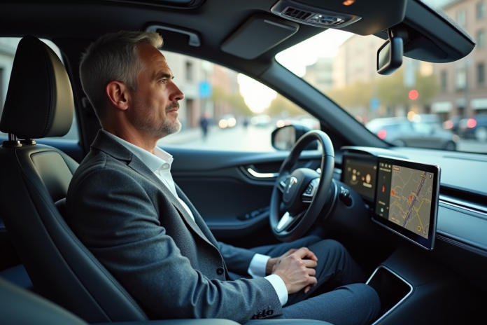 Homme d'âge moyen dans une voiture autonome moderne