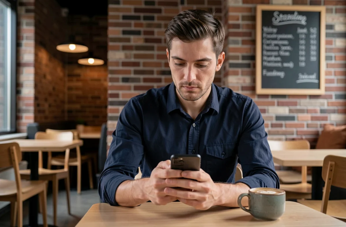 Homme dans un café comparant des services en ligne pour voir des stories Instagram anonymement