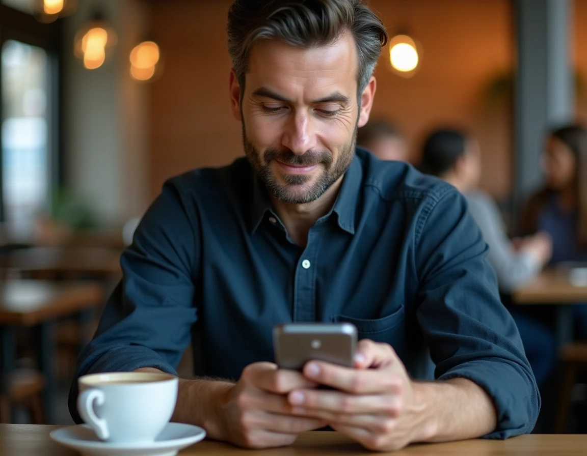Homme adulte jouant au Cemantix sur son smartphone dans un café avec une tasse d'expresso sur la table