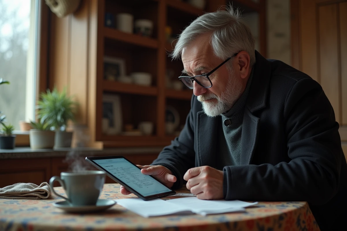 Homme consultant un site de brocantes sur tablette depuis chez lui avant de sortir