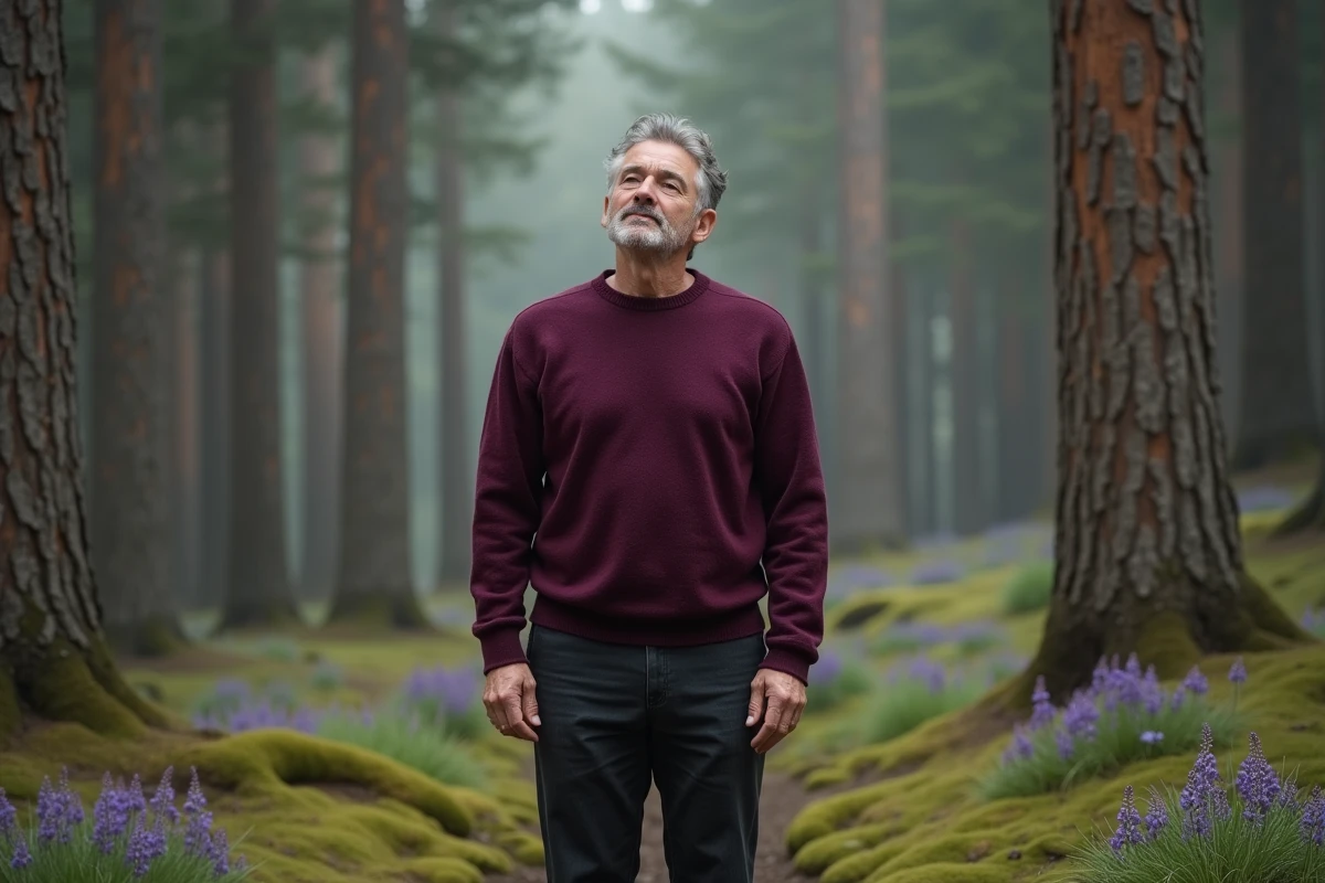 Homme en contemplation spirituelle dans une forêt brumeuse, vêtu de violet, évoquant l'aura violette et la connexion intérieure