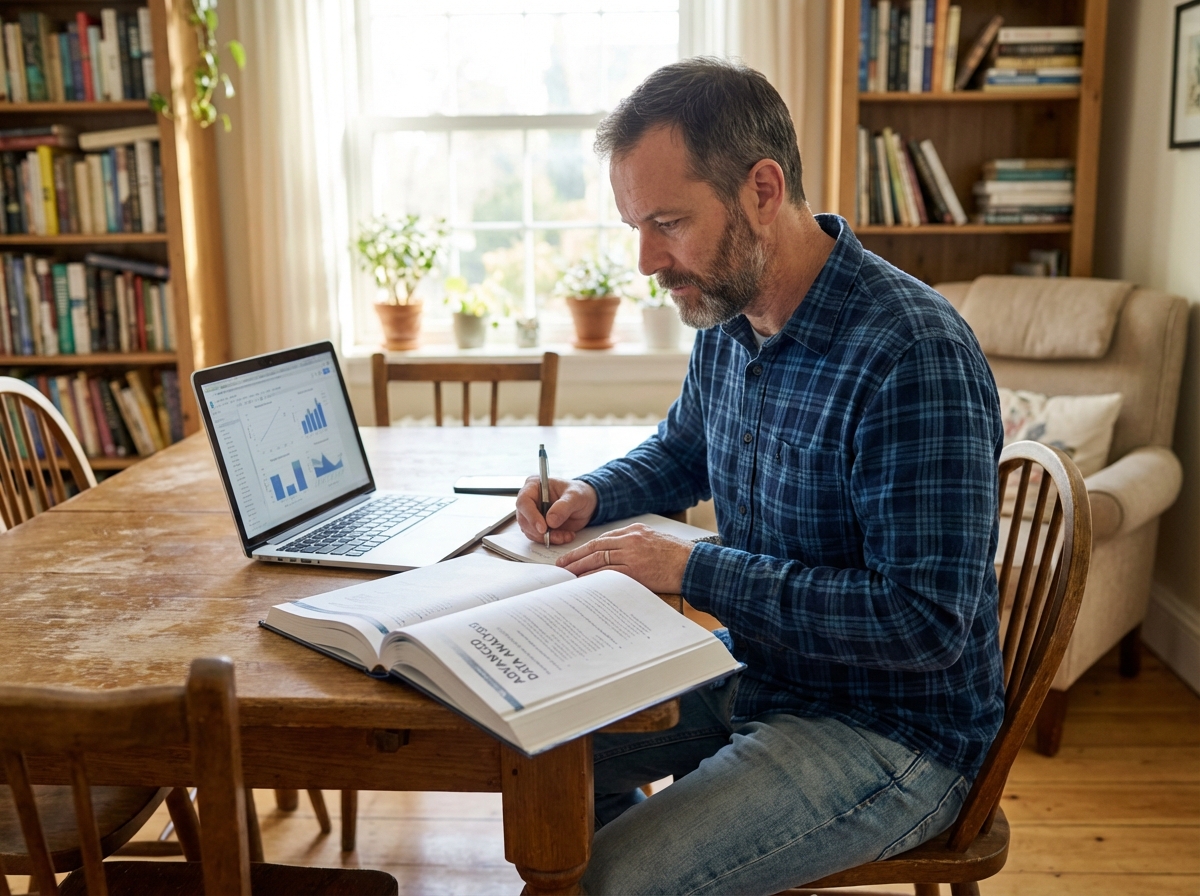 Homme &eacute;tudiant &agrave; la maison avec manuel et ordinateur portable