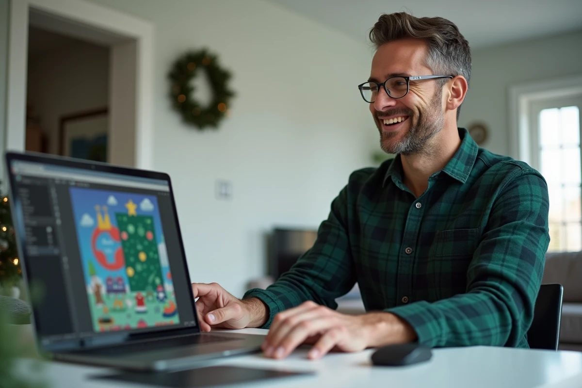 Homme créant et personnalisant une carte de Noël PDF en ligne sans logiciel sur son ordinateur portable