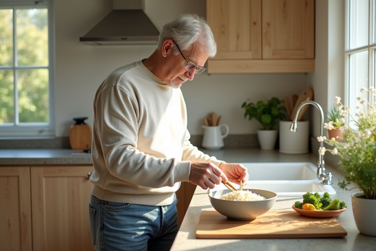 Homme en cuisine préparant un bol de riz et légumes