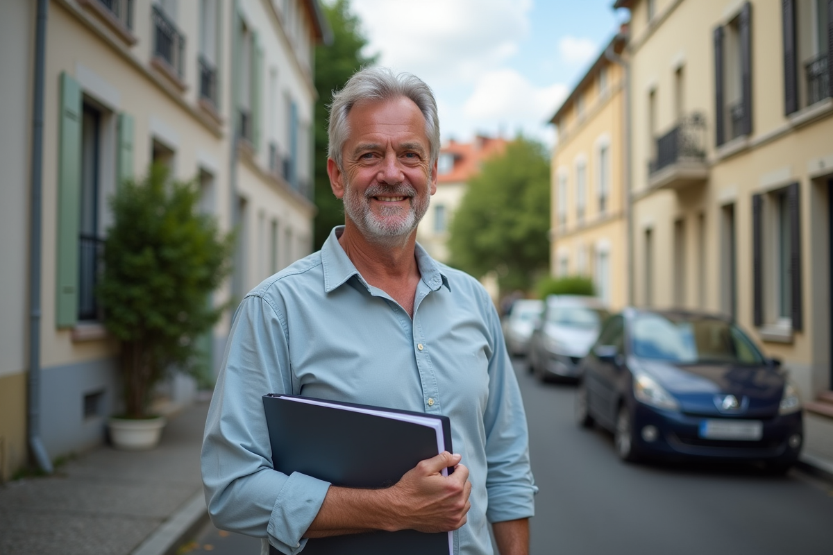 Homme dans la rue devant des immeubles résidentiels