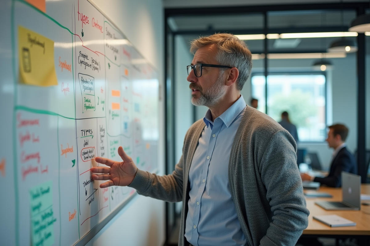 Homme expliquant des diagrammes sur un tableau blanc dans un bureau