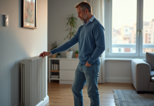 Homme d'âge moyen regardant un radiateur inertie dans un salon