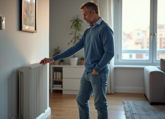 Radiateurs à inertie performants : comparison des modèles efficaces Homme d'âge moyen regardant un radiateur inertie dans un salon