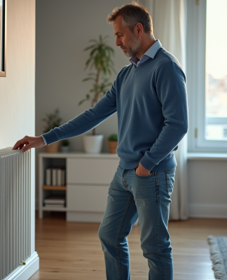 Homme d'âge moyen regardant un radiateur inertie dans un salon