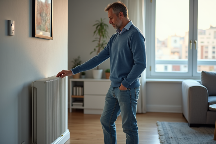 homme-examinant-radiateur-inertie Homme d'âge moyen regardant un radiateur inertie dans un salon