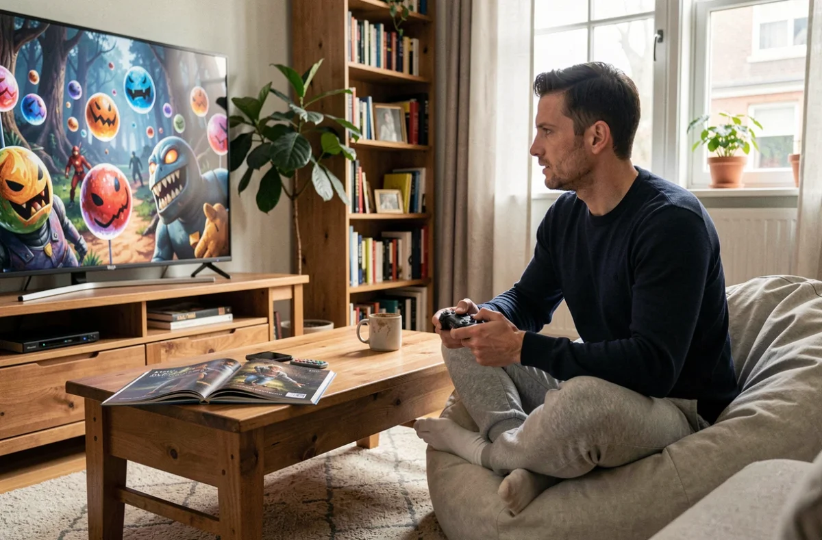 Homme jouant à Clair Obscur sur sa télévision avec un guide de progression pour les sphères de peinture