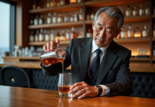 Les plus exquis whiskies japonais pour les connaisseurs exigeants Homme japonais vers la cinquantaine versant whisky dans un verre élégant