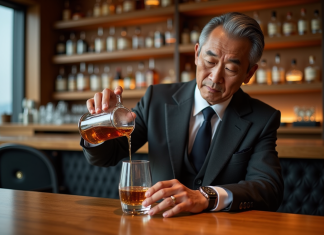 Les plus exquis whiskies japonais pour les connaisseurs exigeants Homme japonais vers la cinquantaine versant whisky dans un verre élégant