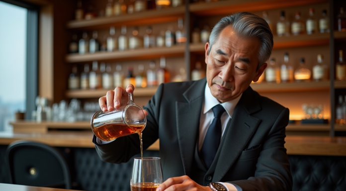 Homme japonais vers la cinquantaine versant whisky dans un verre élégant