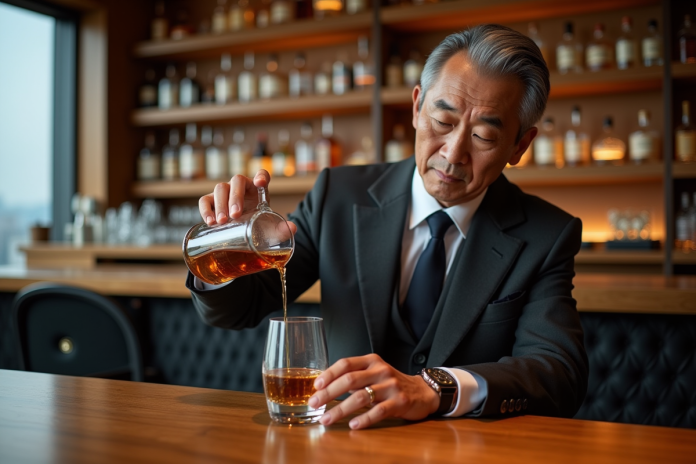 homme-japonais-whisky-salon Homme japonais vers la cinquantaine versant whisky dans un verre élégant