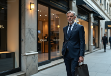 Homme en costume dans une boutique vide en déclin
