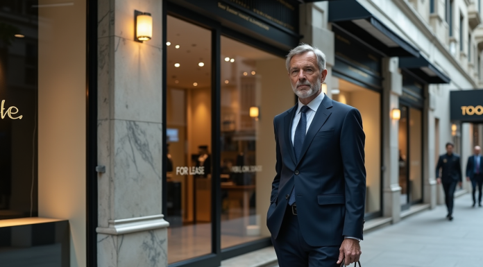Homme en costume dans une boutique vide en déclin