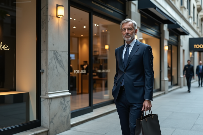 homme-luxe-vitrine-decline Homme en costume dans une boutique vide en déclin