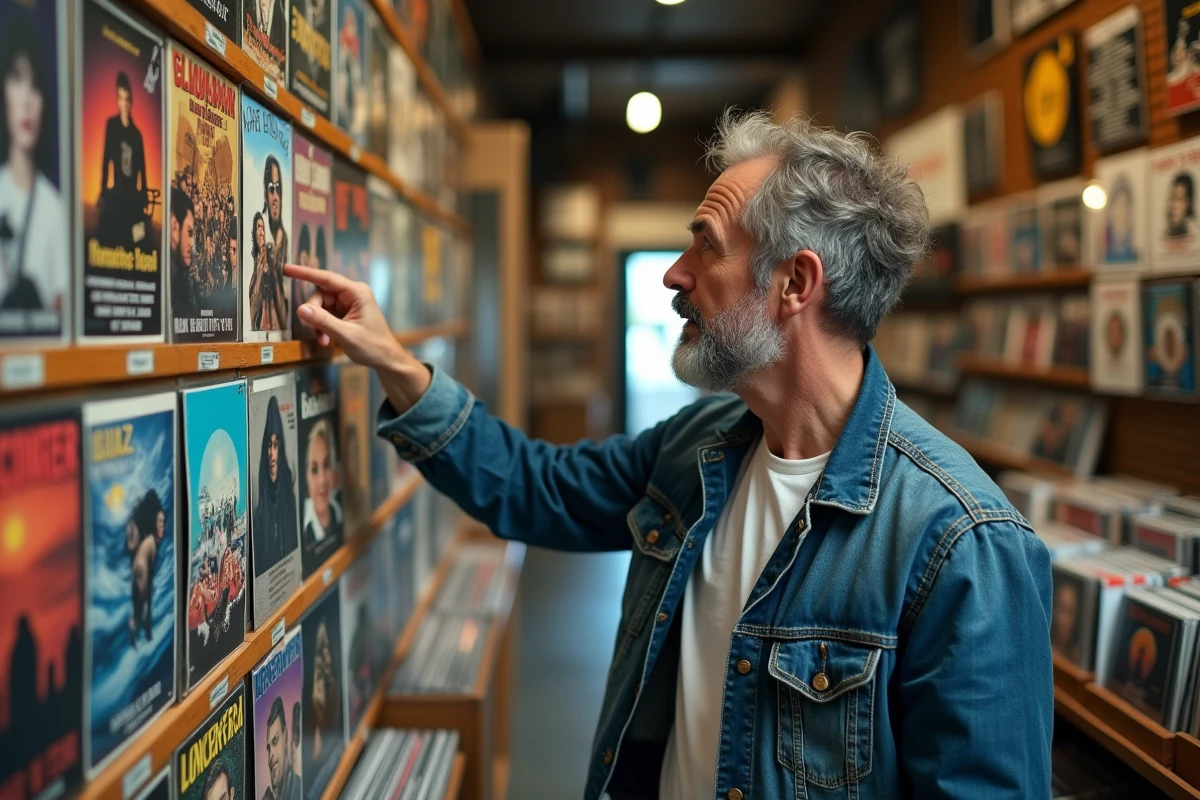 Homme d'âge moyen dans un magasin de disques vintage reconnaissant des affiches de concerts de chanteurs des années 90