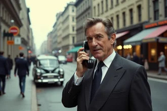 Homme d'âge moyen avec téléphone mobile ancien dans la ville