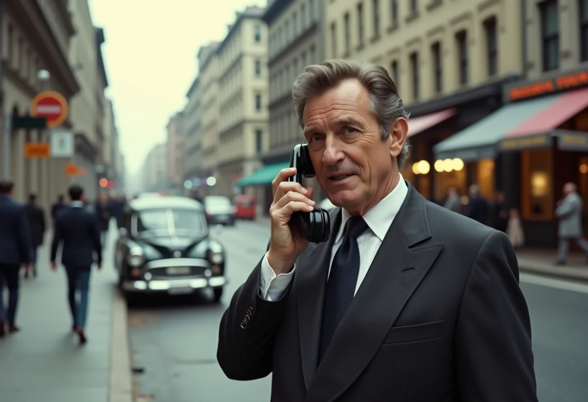 Homme d'âge moyen avec téléphone mobile ancien dans la ville