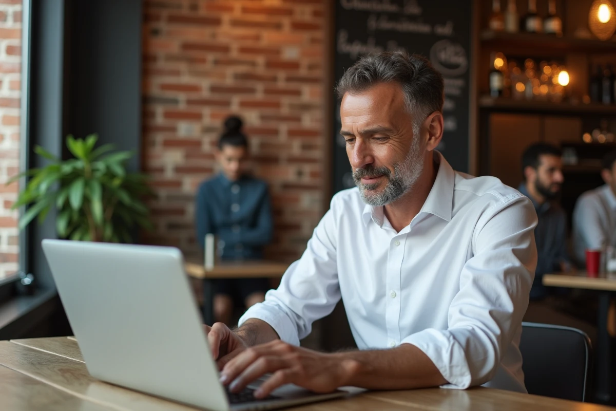 Homme d'âge mûr marquant une pause en tapant sur son ordinateur portable dans un café, réfléchissant à une faute d'orthographe courante