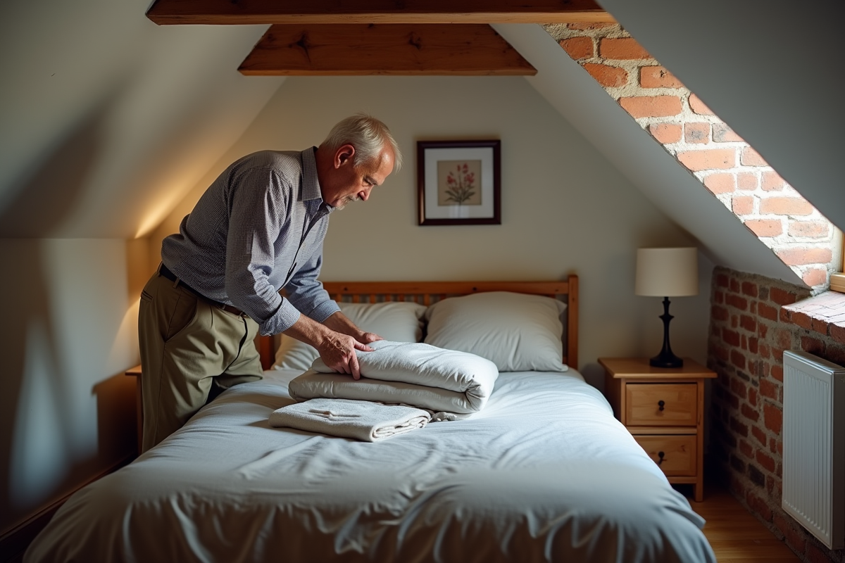 Homme âgé posant une couverture dans une chambre mansardée