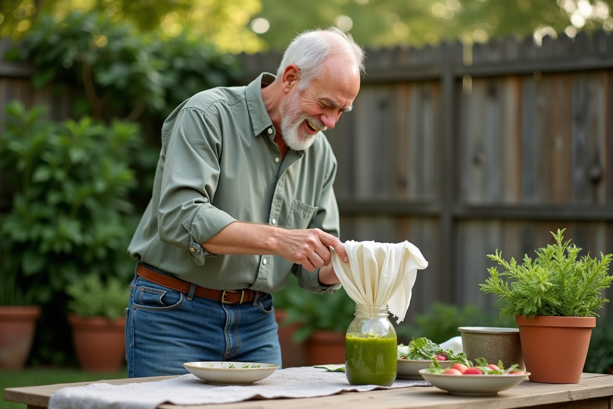 Homme versant du liquide vert dans un bocal en extérieur