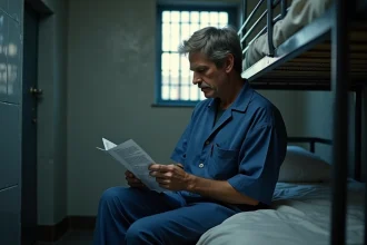 Homme en uniforme bleu lisant dans une cellule de prison