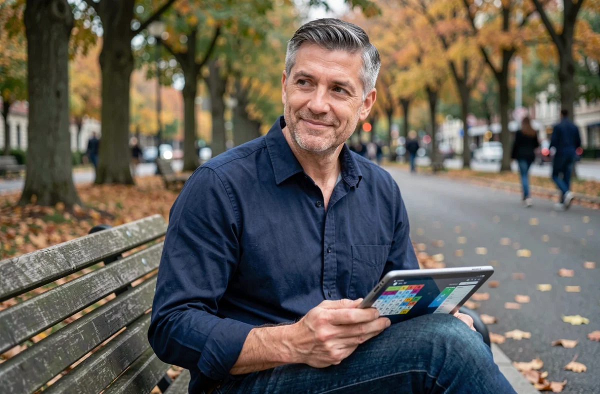 Homme résolvant un puzzle de mots croisés sur tablette dans un parc urbain en automne, jeu de type Codycross
