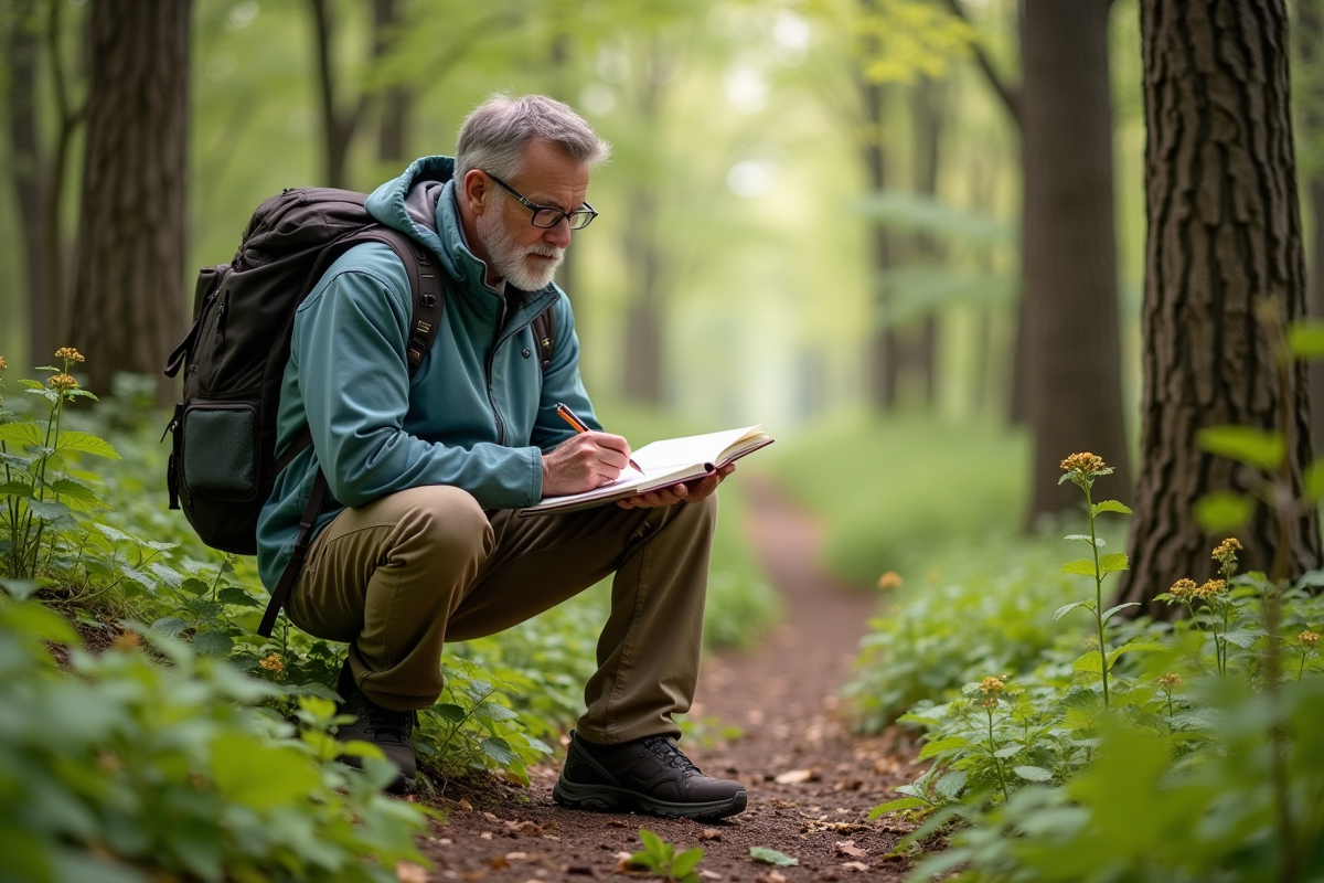 Homme en randonnée sketchant des fleurs dans la forêt