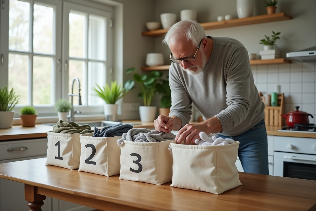 Homme âgé pliant des vêtements dans la cuisine