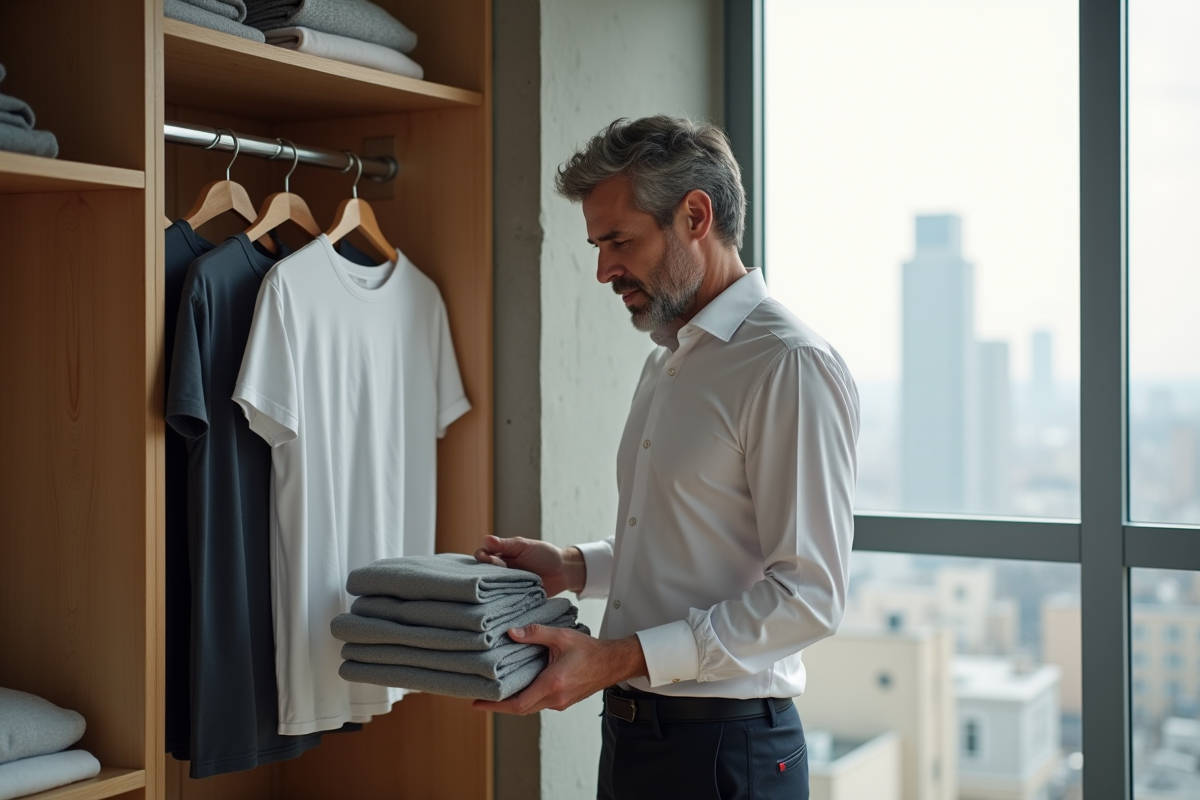 Homme arrangeant des t-shirts dans une garde-robe minimaliste